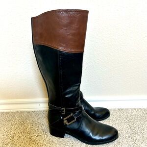 Unisa Black and Brown Leather Knee High Wide Leg Heeled Riding Boots Size 6 1/2